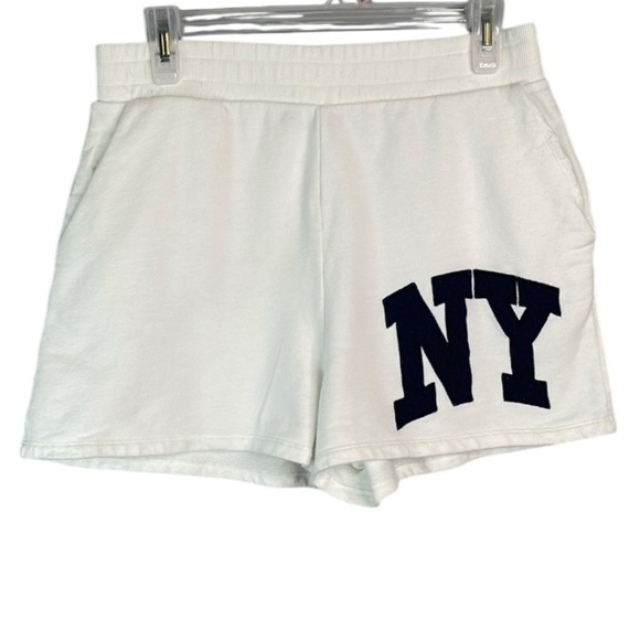 Zara NY Varsity Sweat Shorts White Navy Blue Elastic Waistband High Waist Size L - Picture 2 of 11